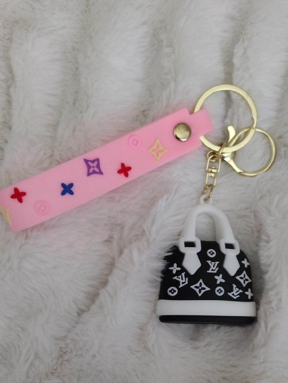 Fashion Pink Strap & Black Mini Bag Charm Keychain